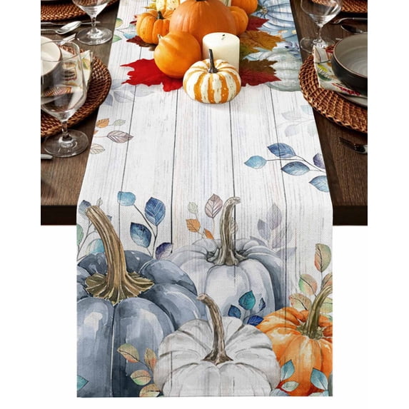 Table Runner Dresser Scarves 70 Inch Long,Thanksgiving Watercolor Fall Pumpkin Linen Dining Table Runners Autumn Leaves on Wood Plank Tabletop Scarf for Wedding Holiday Party Kitchen