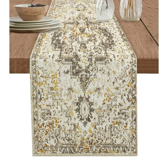 Table Runner Dresser Scarves 70 Inch Long, Vintage Abstract Geometric Texture Linen Dining Table Runners Brown Retro Vague Pattern Tabletop Scarf for Wedding Holiday Party Kitchen