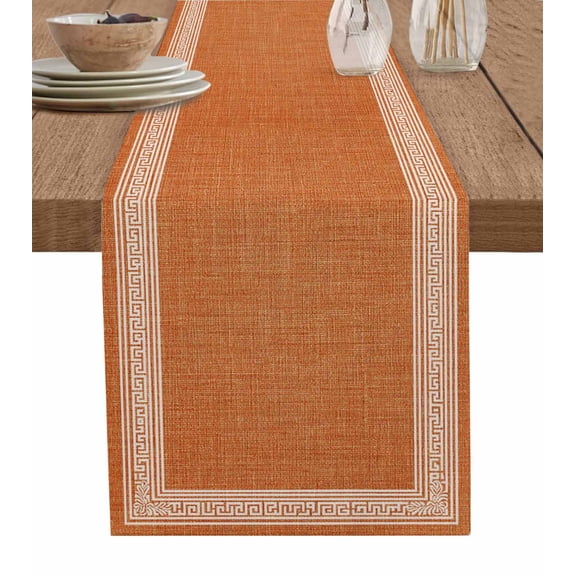 Table Runner Dresser Scarves 70 Inch Long,Vintage Inspired Key Design Orange Linen Dining Table Runners Geometric Twist Stripe Tabletop Scarf for Wedding Holiday Party Kitchen
