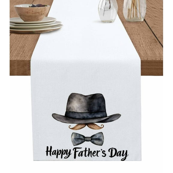 Table Runner Dresser Scarves 70 Inch Long,Watercolor Hat Beard Bow Tie Linen Dining Table Runners Happy Father's Day Text on White Tabletop Scarf for Wedding Holiday Party Kitchen