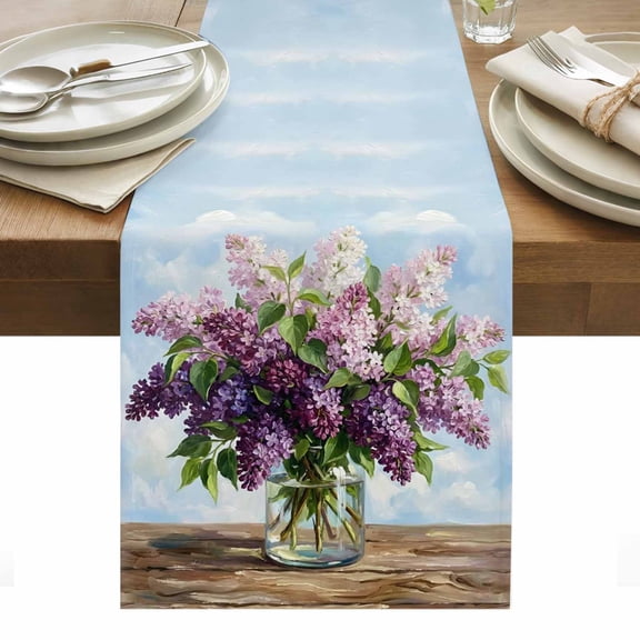 Table Runner Dresser Scarves 70 Inch Long,Watercolor Lilac Flower Vase Linen Dining Table Runners