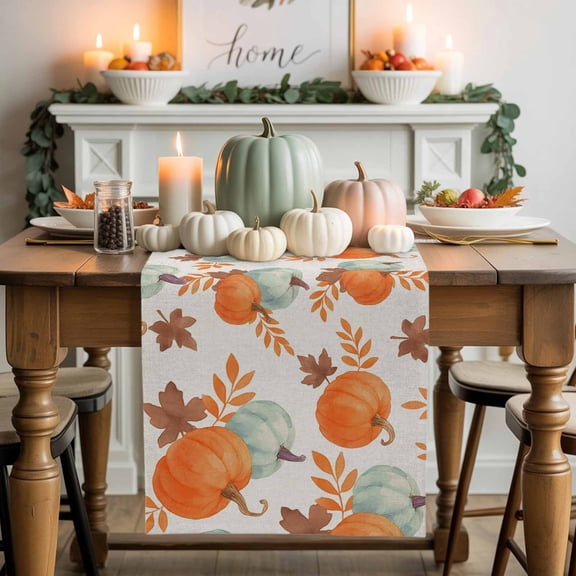 Table Runner Dresser Scarves 70 Inch Long,Watercolor Pumpkin Maple Leaves Flax Linen Dining Table Runners Thanksgiving Fall Plant Tabletop Scarf for Wedding Holiday Party Kitchen
