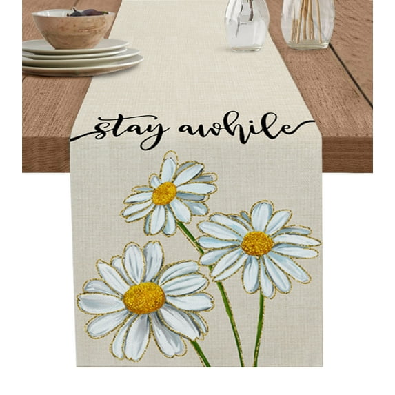 Table Runner Dresser Scarves 70 Inch Long, White Daisy Flower Funny Quote Linen Dining Table Runners Watercolor Floral on Retro Linen Tabletop Scarf for Wedding Holiday Party Kitchen