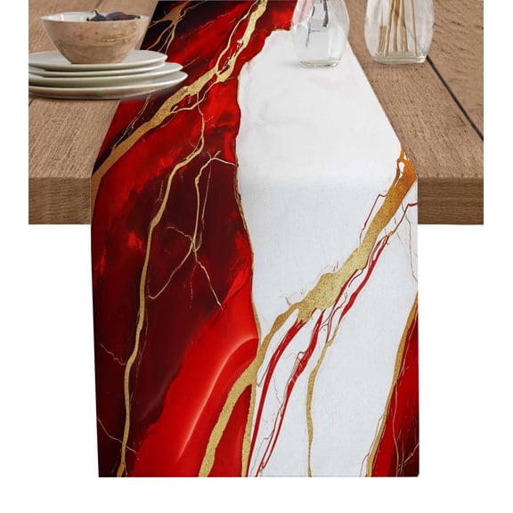 Table Runner Dresser Scarves 70 Inch Long,White Red Marble Gold Stripe Crack Linen Dining Table Runners Abstract Natural Stone Tabletop Scarf for Wedding Holiday Party Kitchen