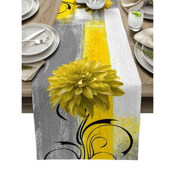 Table Runner Dresser Scarves 70 Inch Long, Yellow Dahlia Flower Geometric Art Linen Dining Table Runners Gray White Color Block Painting Tabletop Scarf for Wedding Holiday Party Kitchen