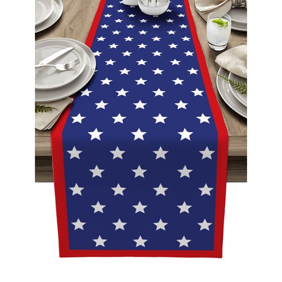 Table Runner Dresser Scarves 72 Inch Long, 4th of July American Patriotic Star on Blue Linen Dining Table Runners Independence Freedom Red Frame Tabletop Scarf for Wedding Holiday Party Kitchen