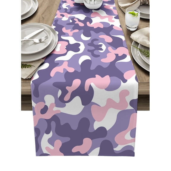Table Runner Dresser Scarves 72 Inch Long, Abstract Camouflage Pink Purple White Linen Dining Table Runners Army Camo Texture Tabletop Scarf for Wedding Holiday Party Kitchen