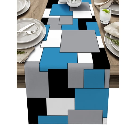 Table Runner Dresser Scarves 72 Inch Long, Abstract Geometric Color Block Linen Dining Table Runners Blue Gray White Black Splicing Plaid Tabletop Scarf for Wedding Holiday Party Kitchen