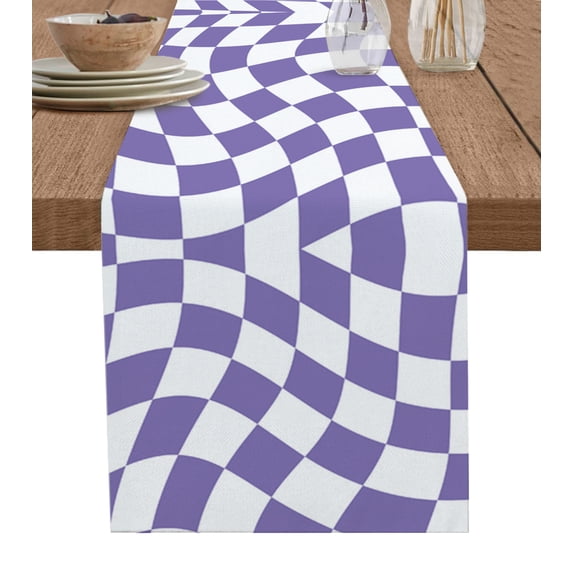 Table Runner Dresser Scarves 72 Inch Long, Abstract Purple White Checker Linen Dining Table Runners Distortion Aesthetic Tabletop Scarf for Wedding Holiday Party Kitchen