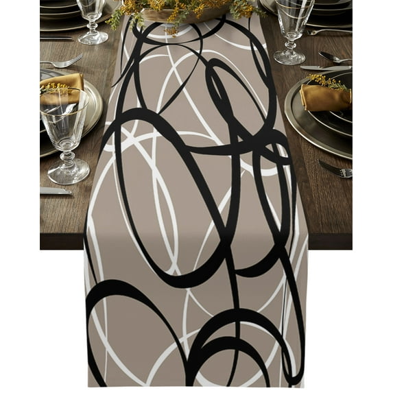 Table Runner Dresser Scarves 72 Inch Long, Abstract Stripe Black White on Gray Linen Dining Table Runners Minimalist Geometric Curve Line Tabletop Scarf for Wedding Holiday Party Kitchen