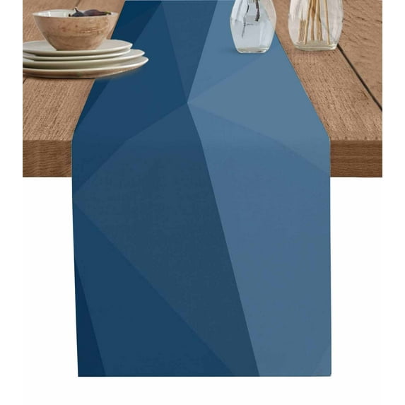 Table Runner Dresser Scarves 72 Inch Long, Abstract Traingle Geometric Gradient Linen Dining Table Runners Navy Blue Ombre Tabletop Scarf for Wedding Holiday Party Kitchen