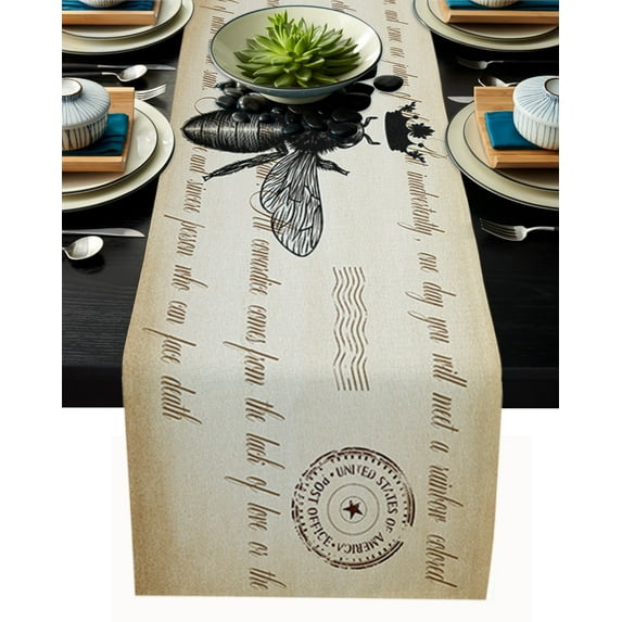 Table Runner Dresser Scarves 72 Inch Long, Black Queen Bee and Crown on Vintage Letter Back Linen Dining Table Runners Farmhouse Tabletop Scarf for Wedding Holiday Party Kitchen