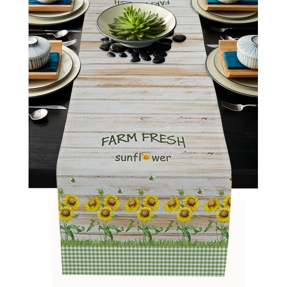 Table Runner Dresser Scarves 72 Inch Long, Blooming Yellow Sunflowers Farm Bees Retro Wood Linen Dining Table Runners Green Bufflao Plaid Tabletop Scarf for Wedding Holiday Party Kitchen