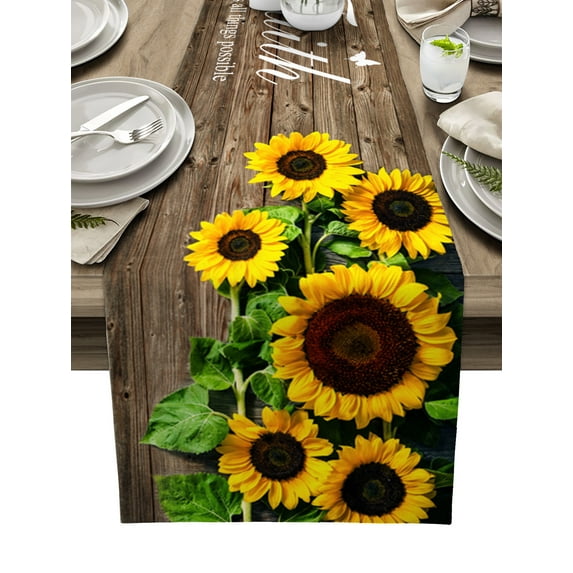 Table Runner Dresser Scarves 72 Inch Long, Blossom Sunflowers Butterfly Linen Dining Table Runners Farm Vintage Wood Plank Tabletop Scarf for Wedding Holiday Party Kitchen