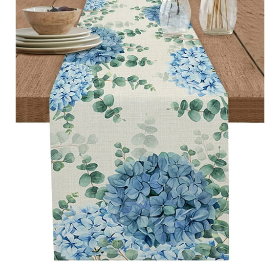 Table Runner Dresser Scarves 72 Inch Long, Blue Hydrangea and Eucalyptus Leaves Linen Dining Table Runners Farm Retro Burlap Linen Tabletop Scarf for Wedding Holiday Party Kitchen