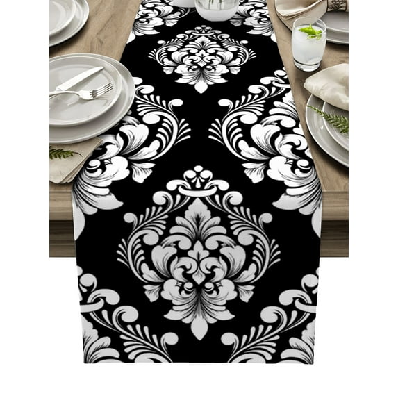 Table Runner Dresser Scarves 72 Inch Long, Classic Black and White Damask Linen Dining Table Runners Vintage Ethnic Floral Art Tabletop Scarf for Wedding Holiday Party Kitchen