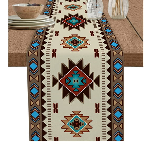 Table Runner Dresser Scarves 72 Inch Long, Ethnic Retro Geometric Triangle Art Linen Dining Table Runners Tribal Aztec Southwest Indian Tabletop Scarf for Wedding Holiday Party Kitchen
