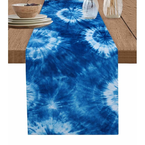 Table Runner Dresser Scarves 72 Inch Long,Ethnic Style Blue Tie-Dye Texture Linen Dining Table Runners Abstract Classic Tribal Art Tabletop Scarf for Wedding Holiday Party Kitchen