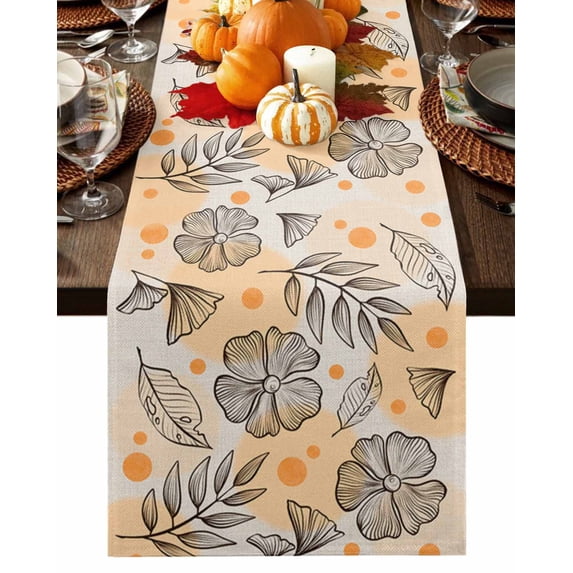 Table Runner Dresser Scarves 72 Inch Long,Fall Thanksgiving Flower Leaves Sketch Linen Dining Table Runners Orange round Circle on White Tabletop Scarf for Wedding Holiday Party Kitchen