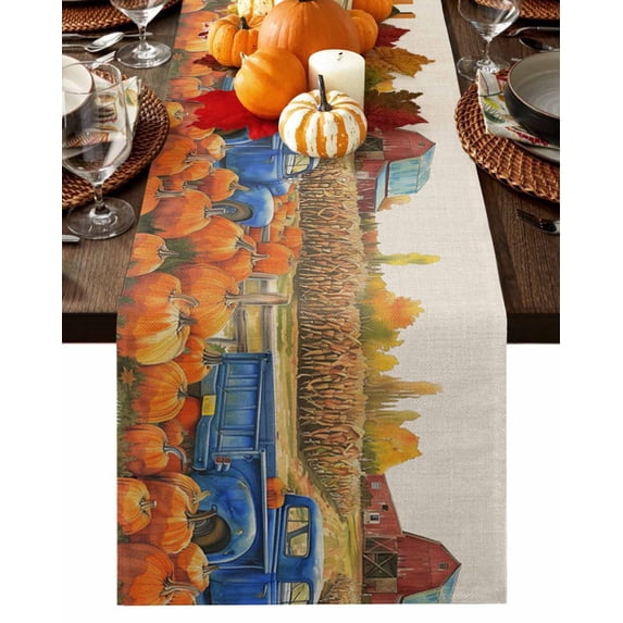 Table Runner Dresser Scarves 72 Inch Long,Fall Thanksgiving Harvest Pumpkin Linen Dining Table Runners Retro Blue Truck Farmhouse Barn Tabletop Scarf for Wedding Holiday Party Kitchen