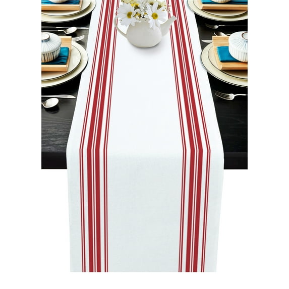 Table Runner Dresser Scarves 72 Inch Long, Farm Red Stripes on White Linen Dining Table Runners Modern Minimalist Lines Art Tabletop Scarf for Wedding Holiday Party Kitchen