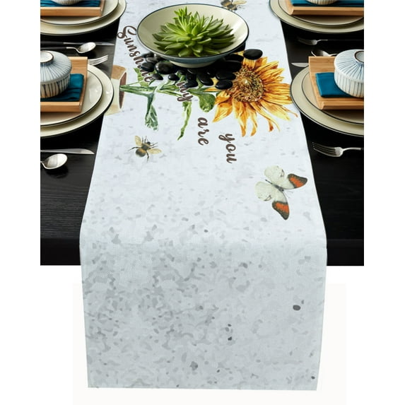 Table Runner Dresser Scarves 72 Inch Long, Farm Sunflowers and Bee Linen Dining Table Runners Spring Watercolor Florals Tabletop Scarf for Wedding Holiday Party Kitchen