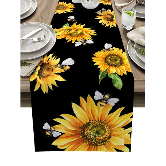 Table Runner Dresser Scarves 72 Inch Long, Farm Sunflowers Bee Linen Dining Table Runners Watercolor Floral Art on Black Tabletop Scarf for Wedding Holiday Party Kitchen