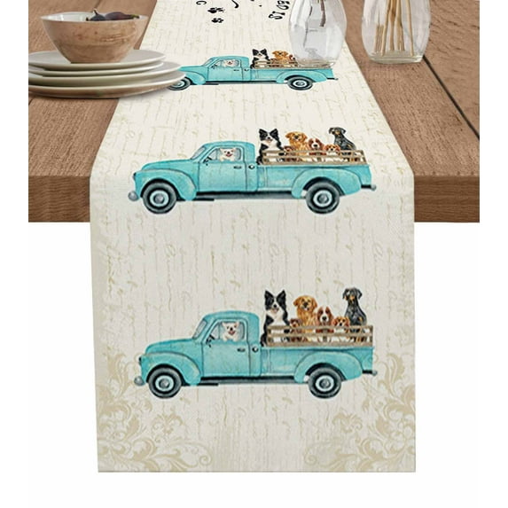 Table Runner Dresser Scarves 72 Inch Long, Farm Teal Truck with Dogs Linen Dining Table Runners Rustic Vintage Newspaper Texture Tabletop Scarf for Wedding Holiday Party Kitchen