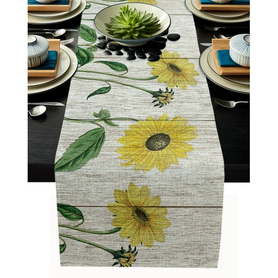 Table Runner Dresser Scarves 72 Inch Long, Farmhouse Vintage Sunflowers on Wooden Grian Linen Dining Table Runners Still Life Tabletop Scarf for Wedding Holiday Party Kitchen