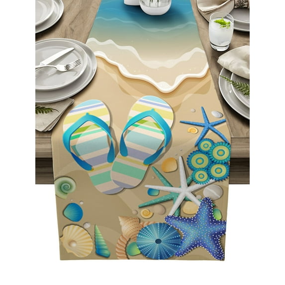 Table Runner Dresser Scarves 72 Inch Long, Flip Flops and Starfish Seashell Linen Dining Table Runners Seaside Sandbeach with Sea Wave Tabletop Scarf for Wedding Holiday Party Kitchen