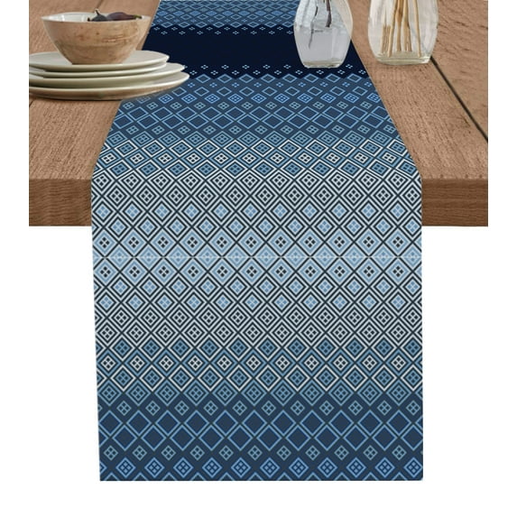 Table Runner Dresser Scarves 72 Inch Long, Geometric Art Diamond Lattice Rhombus Linen Dining Table Runners Modern Blue Ombre Gradient Tabletop Scarf for Wedding Holiday Party Kitchen