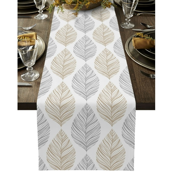 Table Runner Dresser Scarves 72 Inch Long, Geometric Line Leaves Texture Linen Dining Table Runners Abstract Stripe Foliage on White Tabletop Scarf for Wedding Holiday Party Kitchen