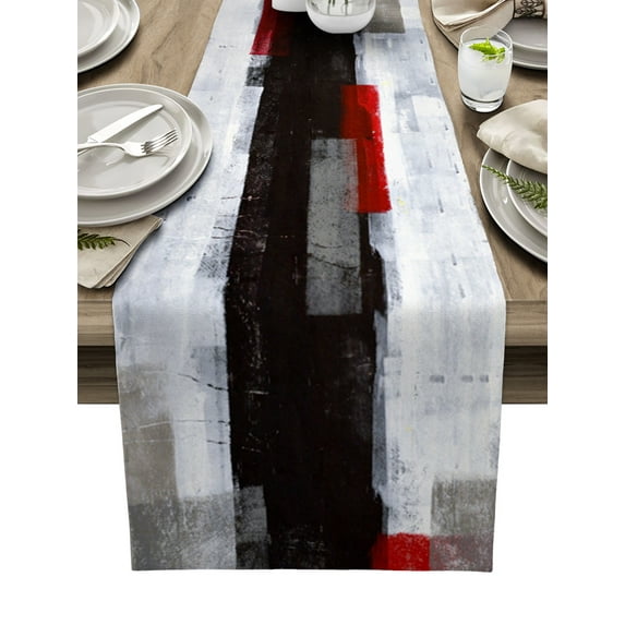 Table Runner Dresser Scarves 72 Inch Long, Geometric Modern Painting Art Linen Dining Table Runners Abstract Red Gray Black Color Block Tabletop Scarf for Wedding Holiday Party Kitchen