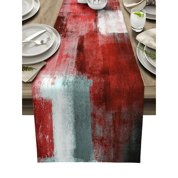 Table Runner Dresser Scarves 72 Inch Long, Geometric Paint Art Red Graffiti Linen Dining Table Runners Modern Abstract Artwork Tabletop Scarf for Wedding Holiday Party Kitchen