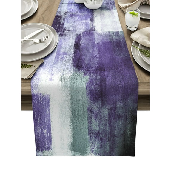 Table Runner Dresser Scarves 72 Inch Long, Geometric Purple Plaid Paint Linen Dining Table Runners Modern Abstract Art Tabletop Scarf for Wedding Holiday Party Kitchen