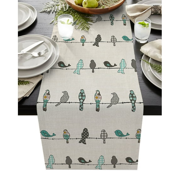 Table Runner Dresser Scarves 72 Inch Long, Grid Dotted Flower Bird on Wire Linen Dining Table Runners Vintage Farm Burlap Linen Texture Tabletop Scarf for Wedding Holiday Party Kitchen
