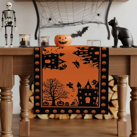 Table Runner Dresser Scarves 72 Inch Long,Halloween Pumpkin Haunted Castle Linen Dining Table Runners Witch Tree Orange Black Tabletop Scarf for Wedding Holiday Party Kitchen