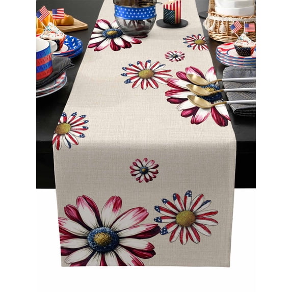 Table Runner Dresser Scarves 72 Inch Long,Independence Day Daisy on Burlap Linen Dining Table Runners Patriotic Floral Flag Tabletop Scarf for Wedding Holiday Party Kitchen