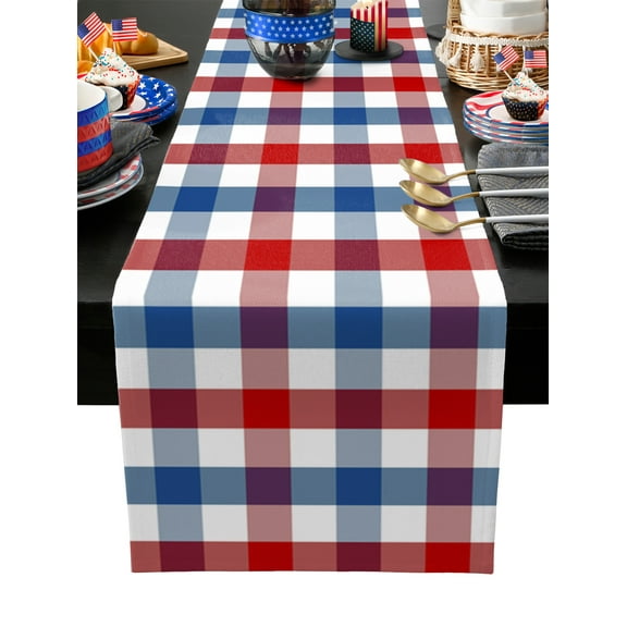 Table Runner Dresser Scarves 72 Inch Long, Independence Day Patriotic Buffalo Plaid Linen Dining Table Runners Freedom Red Blue White Checker Tabletop Scarf for Wedding Holiday Party Kitchen