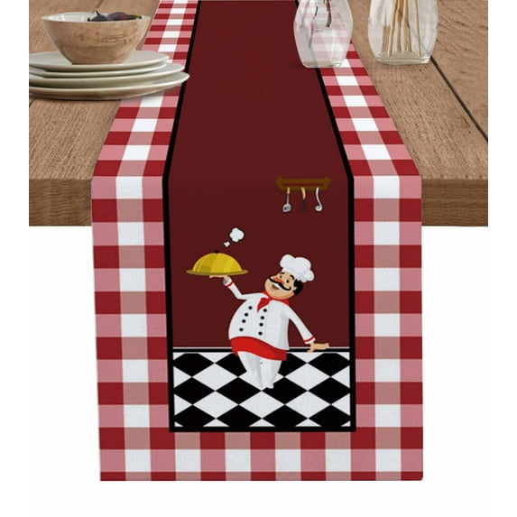 Table Runner Dresser Scarves 72 Inch Long, Kitchen Chef with Delicacy Linen Dining Table Runners Classic Red White Black Lattice Grid Tabletop Scarf for Wedding Holiday Party Kitchen