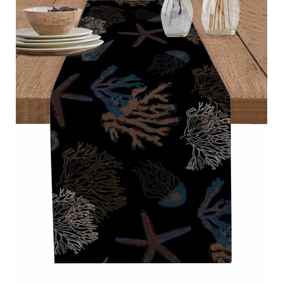 Table Runner Dresser Scarves 72 Inch Long,Marine Coral Starfish Shell on Black Linen Dining Table Runners Watercolor Ocean Life Jellyfish Tabletop Scarf for Wedding Holiday Party Kitchen