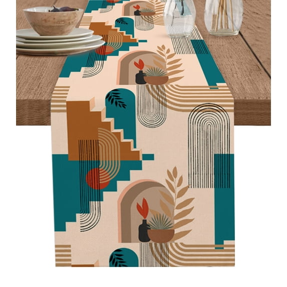 Table Runner Dresser Scarves 72 Inch Long, Mid Century Abstract Geometric Art Linen Dining Table Runners Botanical Leaves Stripes Arches Tabletop Scarf for Wedding Holiday Party Kitchen