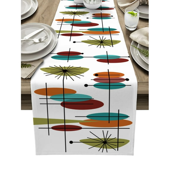 Table Runner Dresser Scarves 72 Inch Long, Mid Century Geometric Abstract Ellipse Linen Dining Table Runners Modern Orange Maroon Teal Tabletop Scarf for Wedding Holiday Party Kitchen