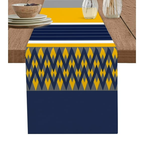Table Runner Dresser Scarves 72 Inch Long, Minimalist Gray Yellow Blue Color Block Linen Dining Table Runners Geometric Wavy Stripe Tabletop Scarf for Wedding Holiday Party Kitchen