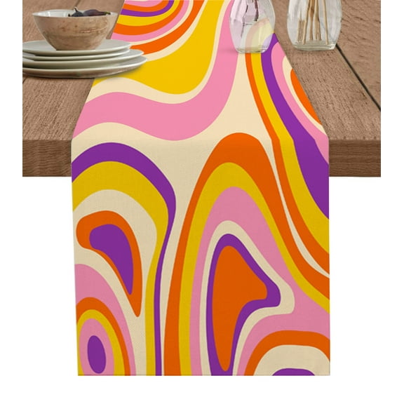 Table Runner Dresser Scarves 72 Inch Long, Modern Abstract Psychedelic Aesthetic Linen Dining Table Runners Groovy Geometric Art Swirling Tabletop Scarf for Wedding Holiday Party Kitchen