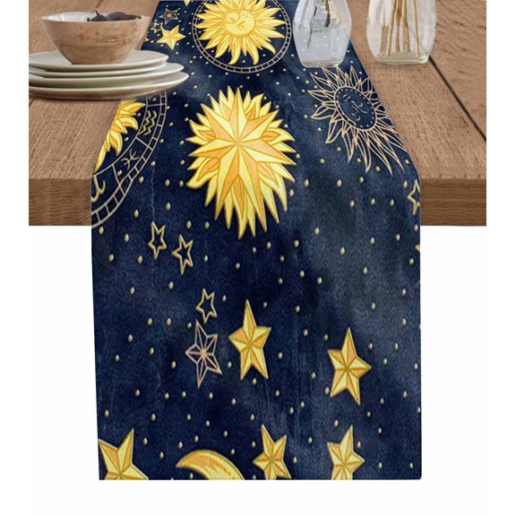 Table Runner Dresser Scarves 72 Inch Long, Moon Sun Galaxy Stars Linen Dining Table Runners Mandala Astronomy Blue and Yellow Tabletop Scarf for Wedding Holiday Party Kitchen