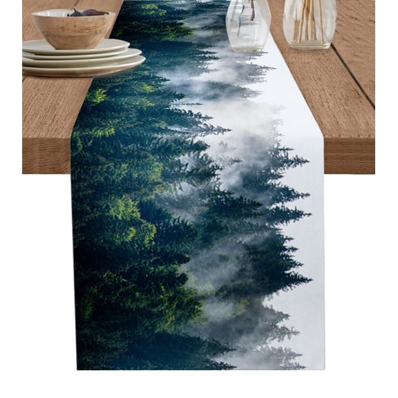 Table Runner Dresser Scarves 72 Inch Long,Natural Forest Foggy Scenery Linen Dining Table Runners Misty Woodland Green Tree Tabletop Scarf for Wedding Holiday Party Kitchen