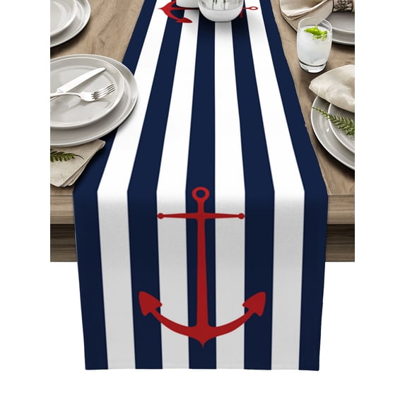 Table Runner Dresser Scarves 72 Inch Long, Nautical Marine Red Boat Anchor Linen Dining Table Runners Blue and White Line Stripes Tabletop Scarf for Wedding Holiday Party Kitchen