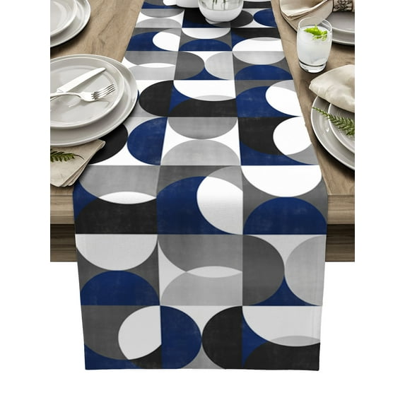 Table Runner Dresser Scarves 72 Inch Long, Nordic Mid Century Modern Linen Dining Table Runners Blue Grey Semicircle Tabletop Scarf for Wedding Holiday Party Kitchen