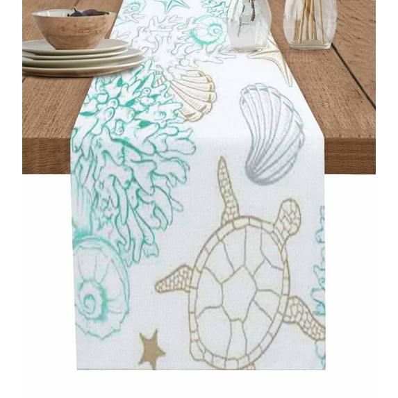 Table Runner Dresser Scarves 72 Inch Long, Ocean Theme Sea Turtle Coral Starfish Linen Dining Table Runners Shells Aquatic Cartoon Art Tabletop Scarf for Wedding Holiday Party Kitchen